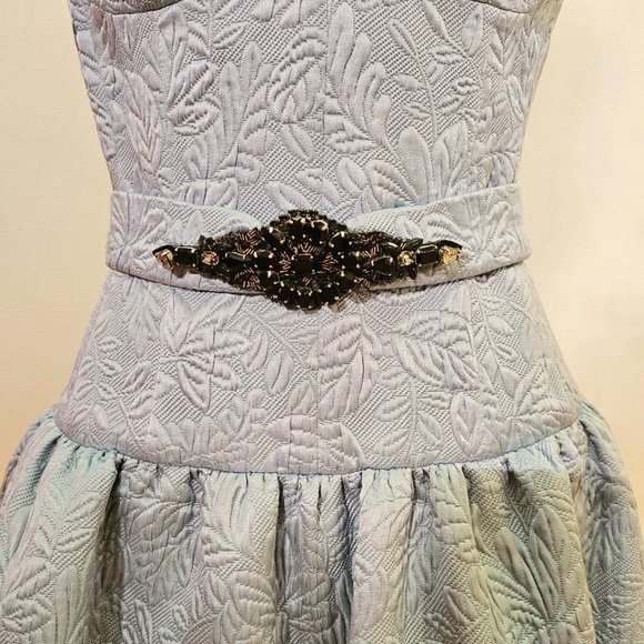 Wonderful MONIQUE LHUILLIER Light Blue Silk Brocade Beaded Formal Dress 4 XS S - Picture 5 of 14